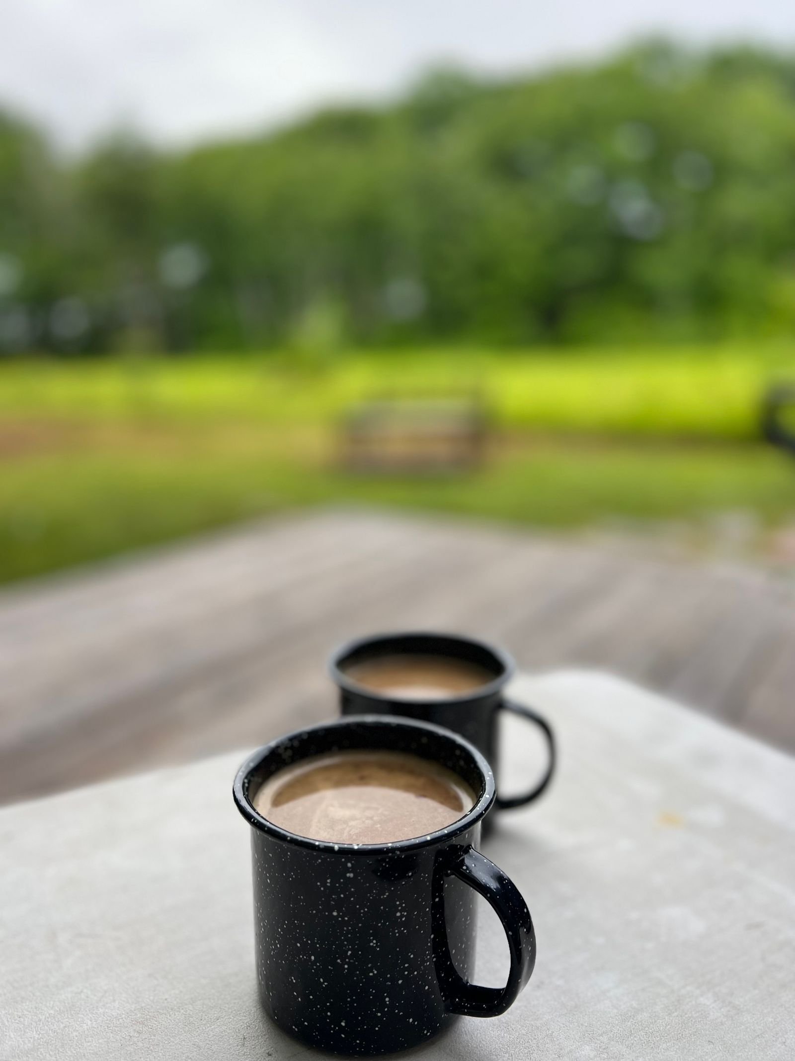 To kaffekopper på terrassebordet med utsikt mot grønn natur